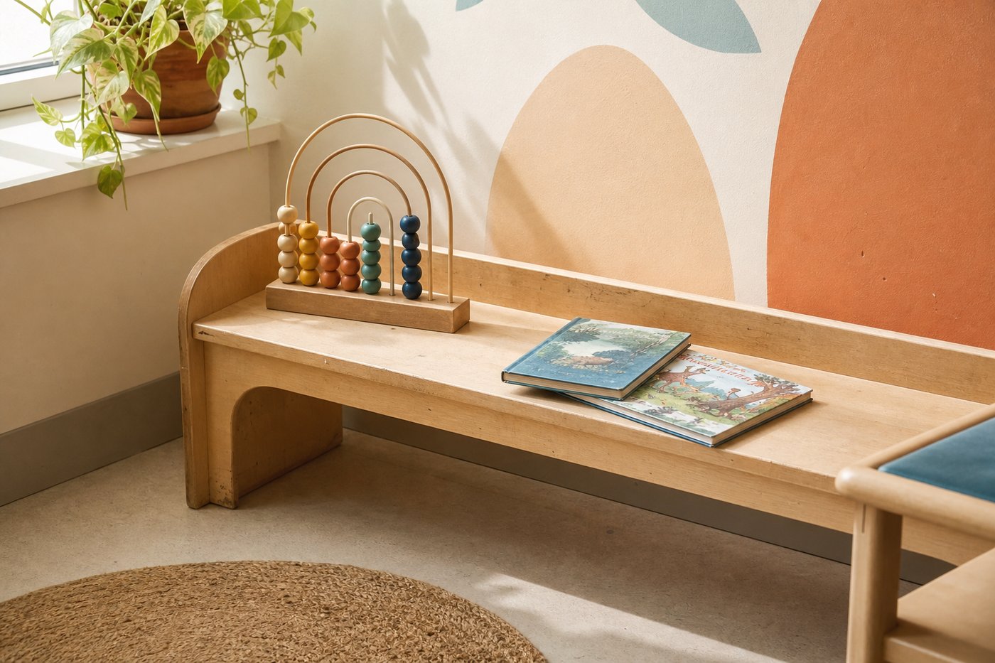 Platzhalter: ein Holzspielzeug und zwei Bilderbücher auf einer niedrigen Bank.