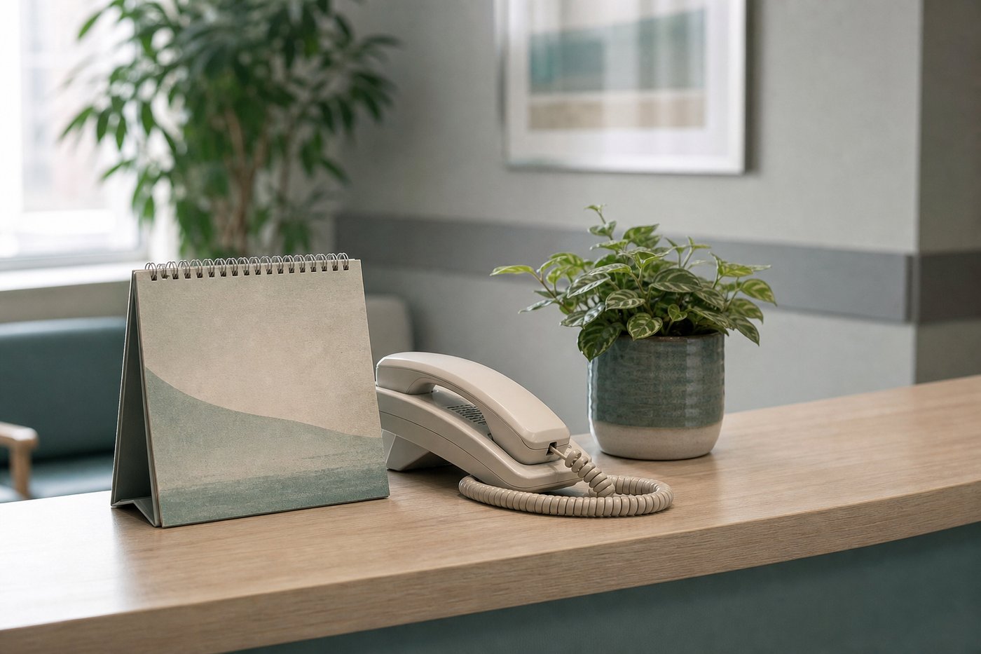 Platzhalter: Tischkalender, Telefonhörer und eine kleine Pflanze auf einem hellen Tresen.