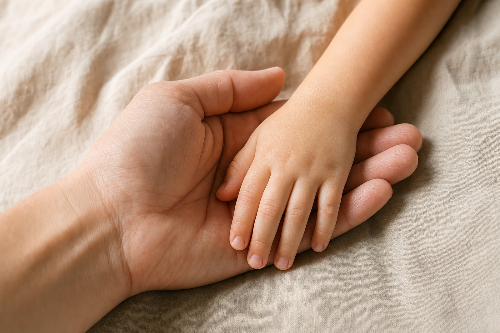 Eine Erwachsenenhand hält die Hand eines Kindes auf hellem Leinen.